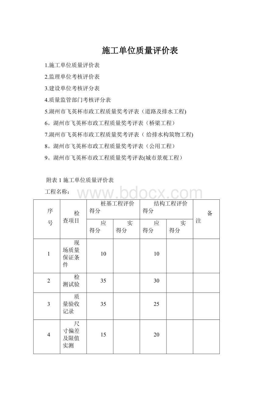 施工单位质量评价表Word格式文档下载.docx