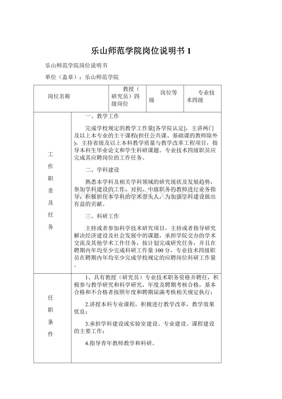 乐山师范学院岗位说明书1Word文档格式.docx