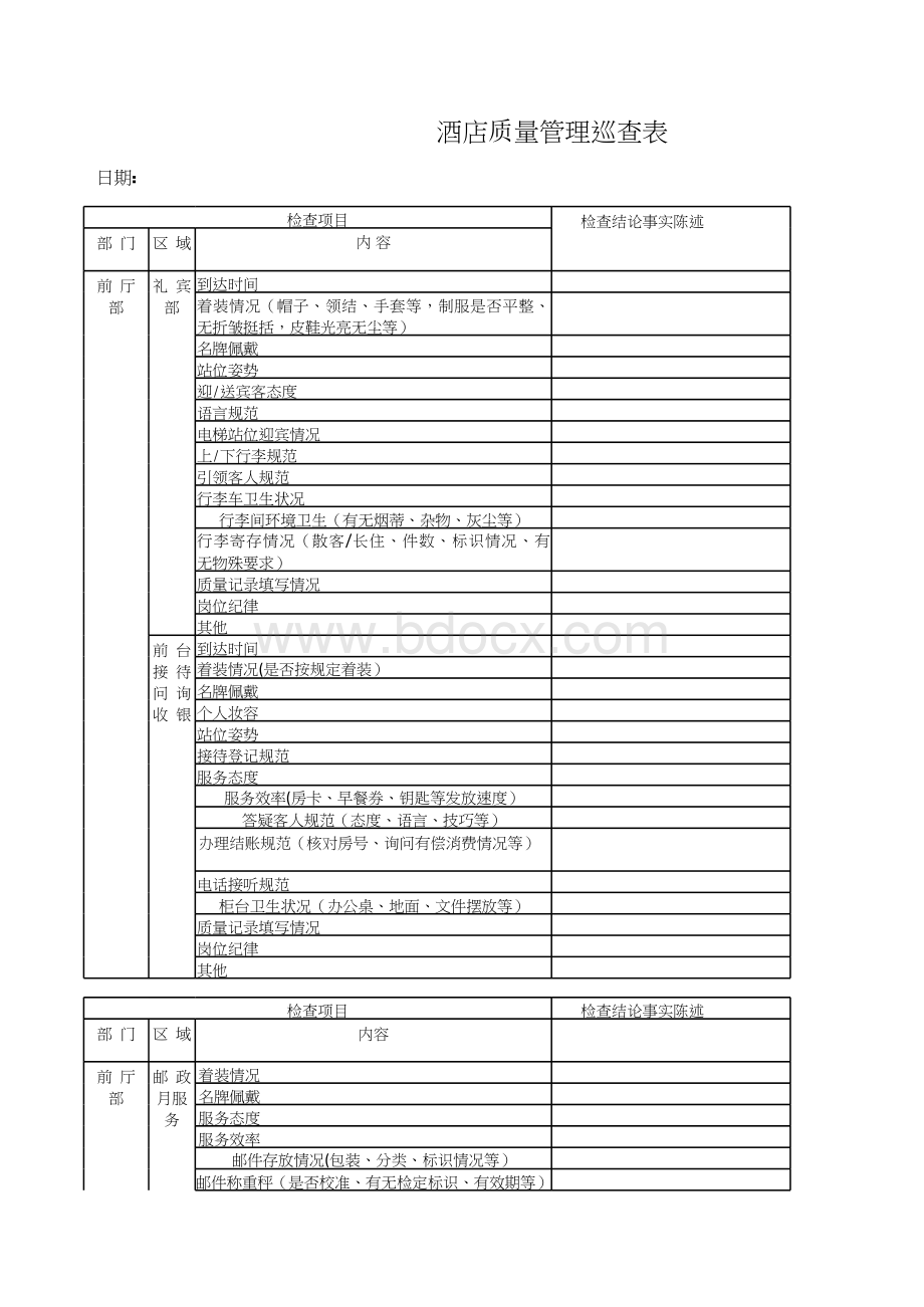 星级酒店质检表格表格文件下载.xls