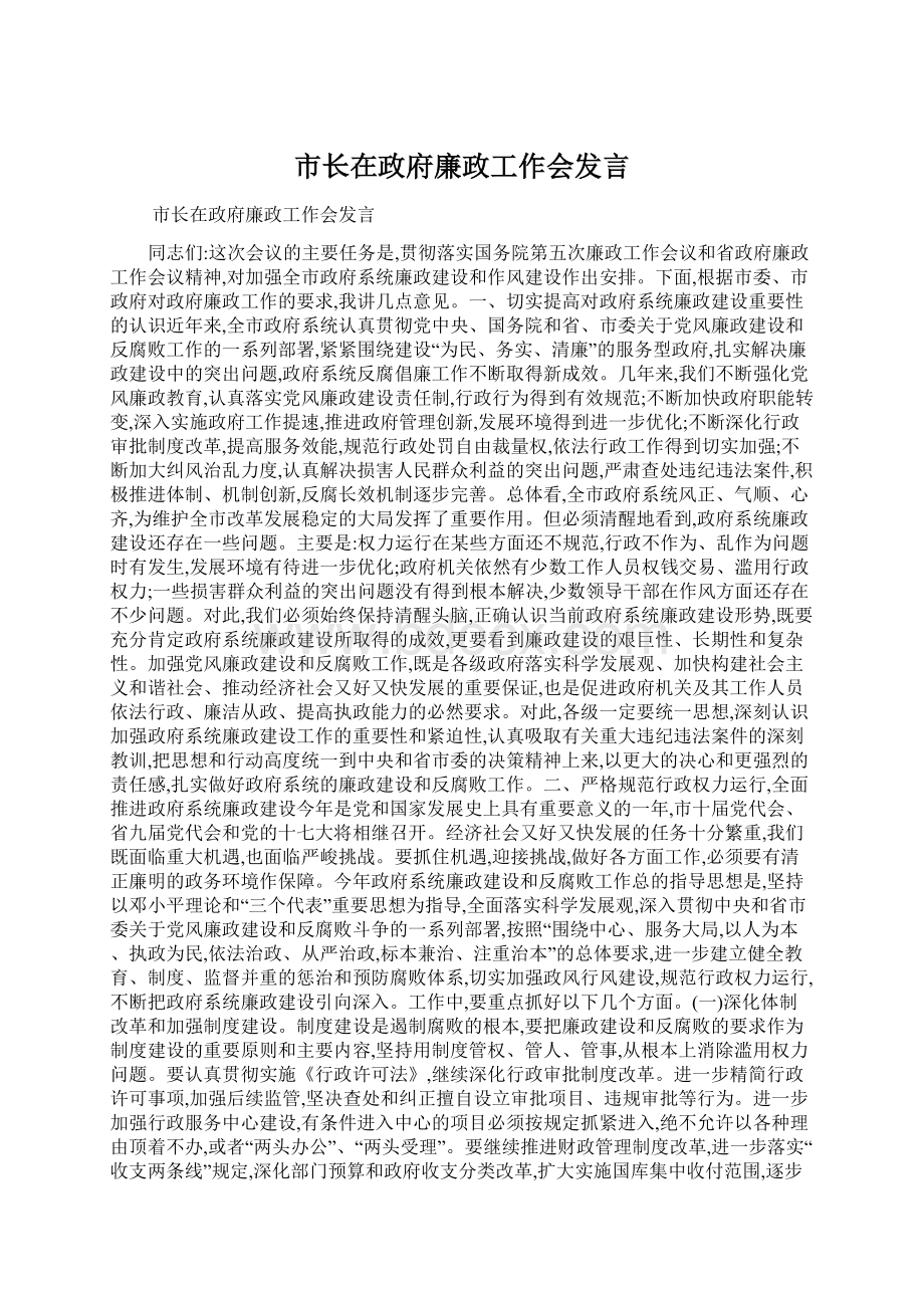 市长在政府廉政工作会发言Word文档格式.docx_第1页