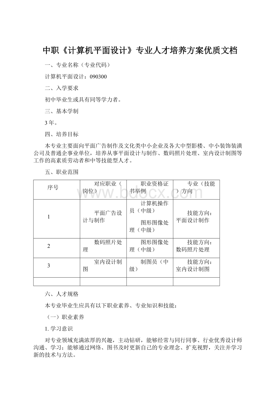 中职《计算机平面设计》专业人才培养方案优质文档Word下载.docx