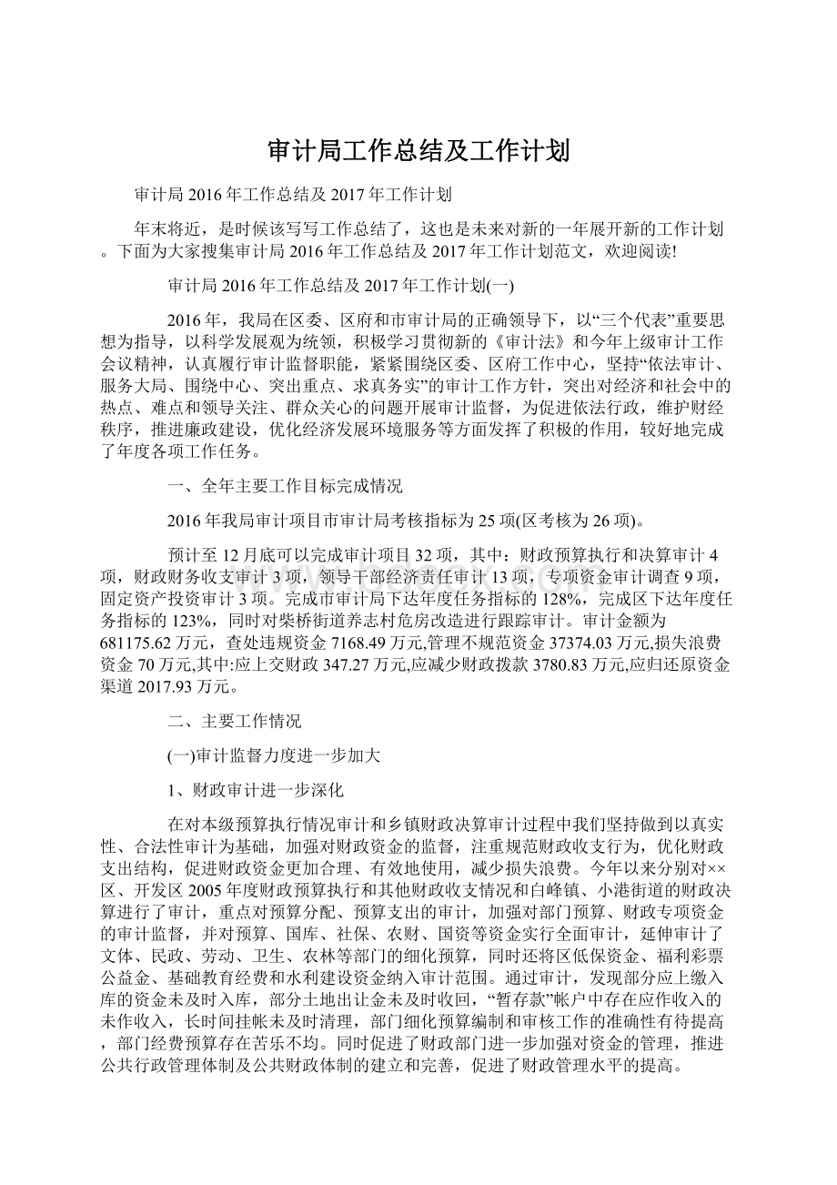 审计局工作总结及工作计划Word文件下载.docx_第1页