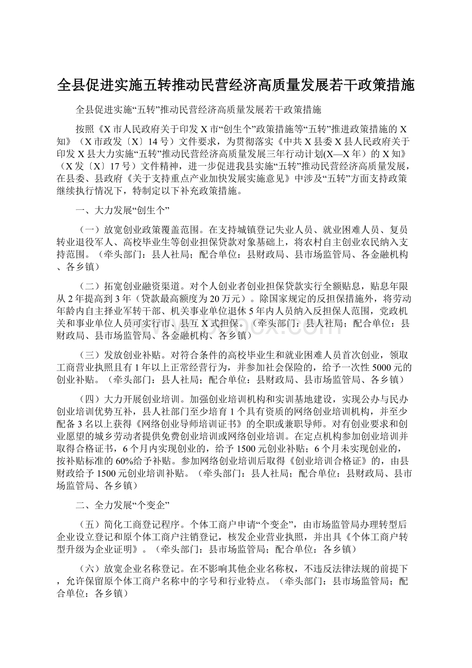 全县促进实施五转推动民营经济高质量发展若干政策措施.docx_第1页