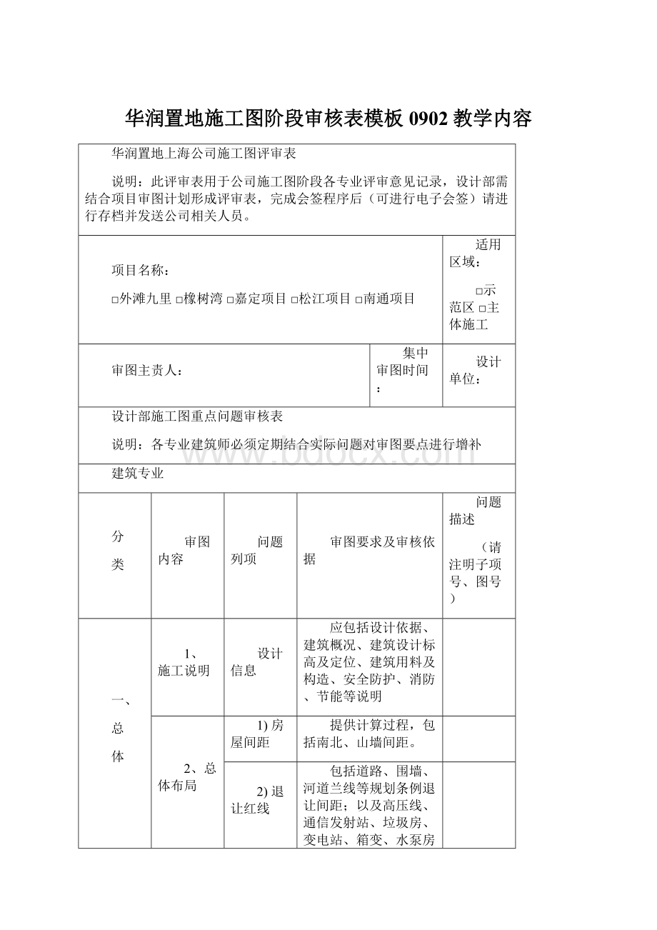 华润置地施工图阶段审核表模板0902教学内容.docx