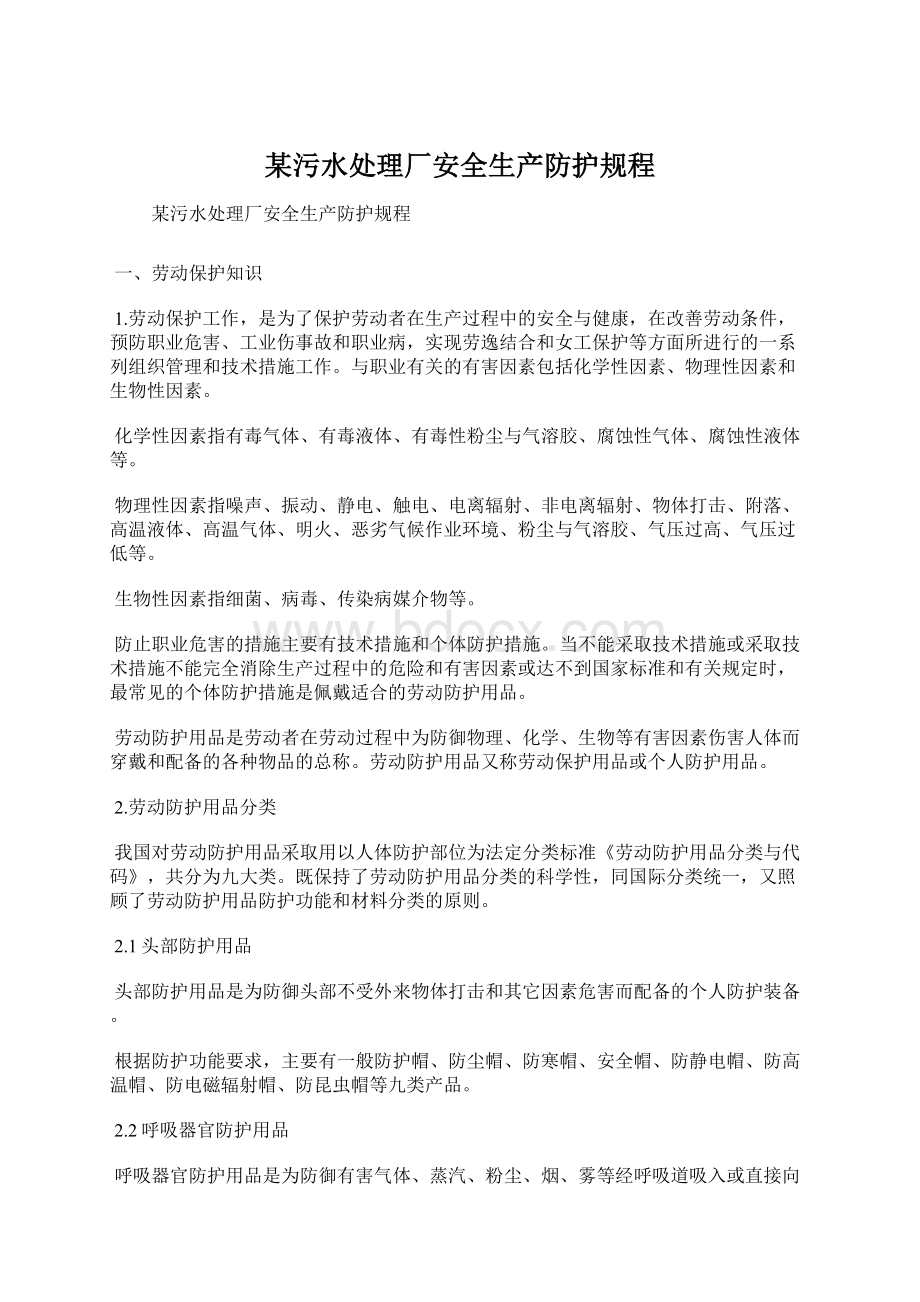 某污水处理厂安全生产防护规程文档格式.docx