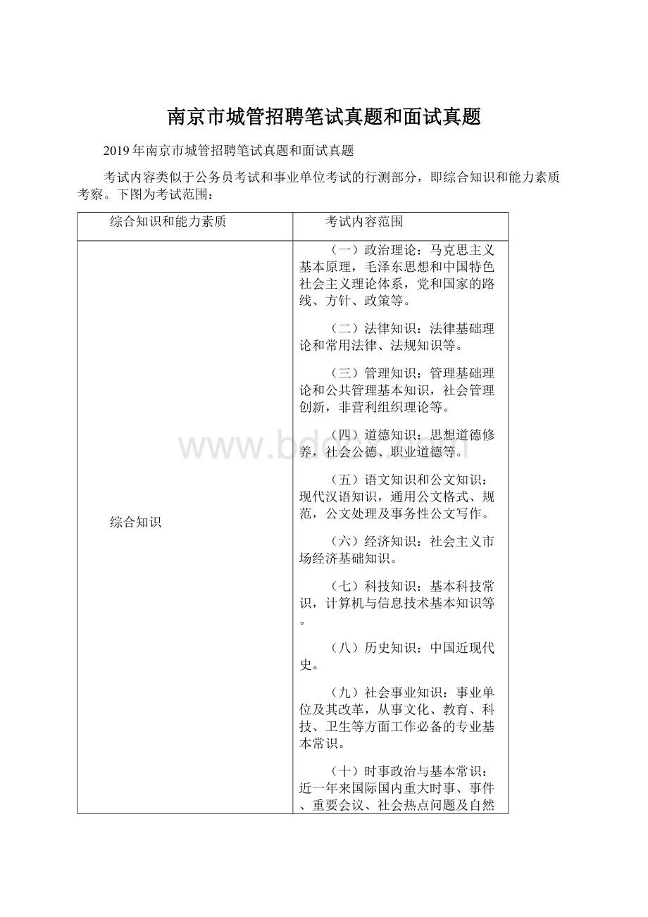 南京市城管招聘笔试真题和面试真题Word下载.docx_第1页