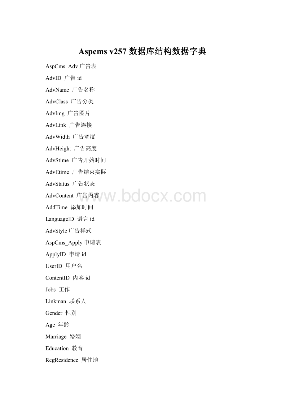Aspcms v257 数据库结构数据字典.docx
