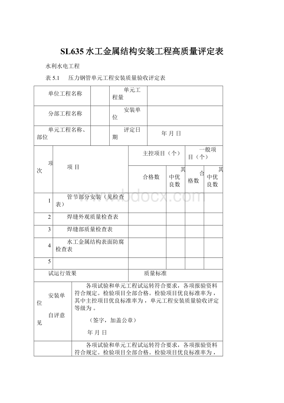 SL635水工金属结构安装工程高质量评定表Word格式.docx_第1页