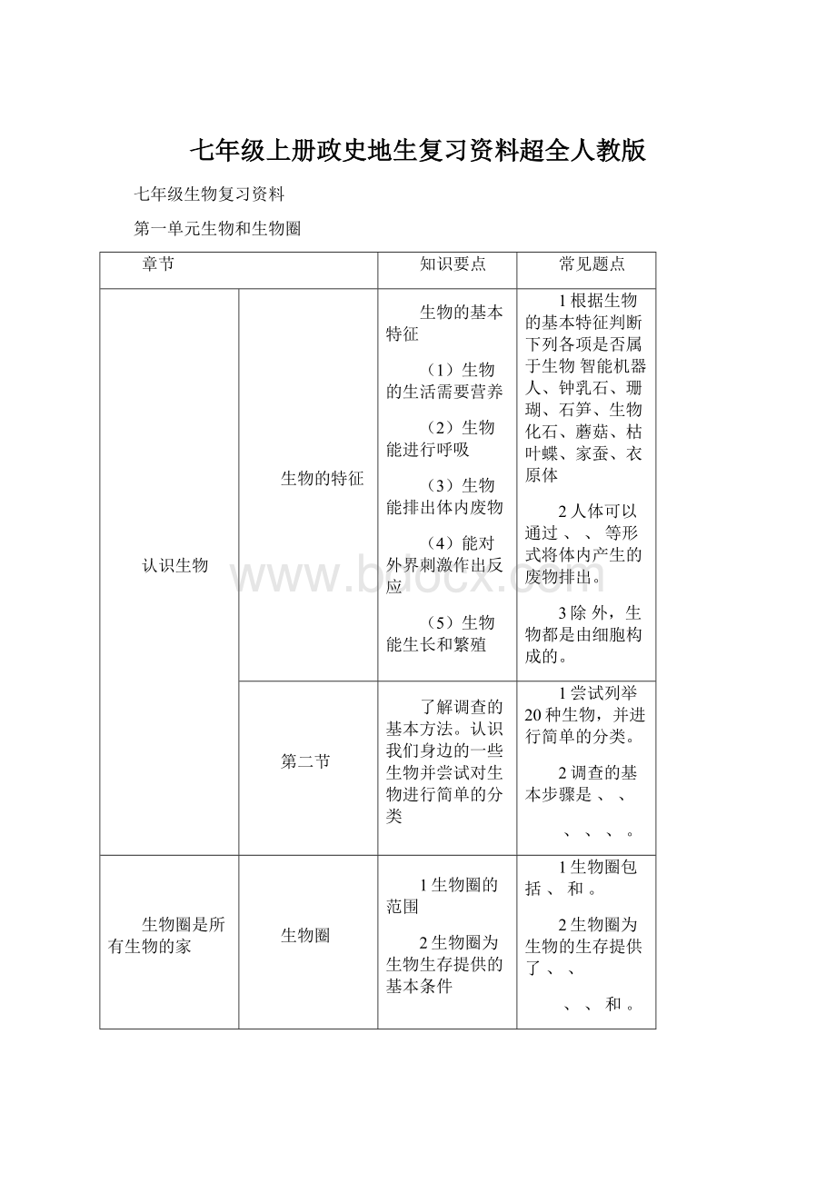 七年级上册政史地生复习资料超全人教版.docx