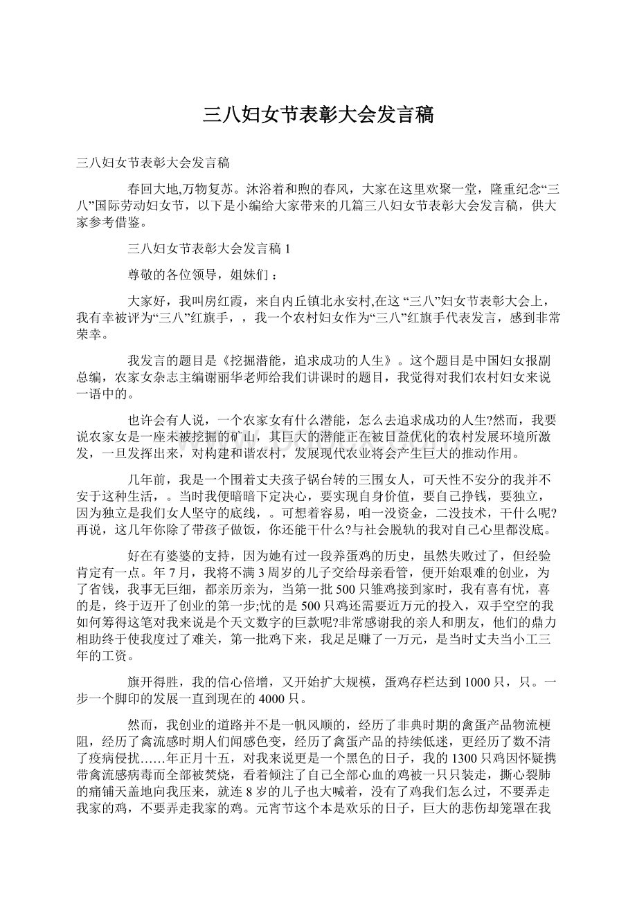 三八妇女节表彰大会发言稿.docx_第1页