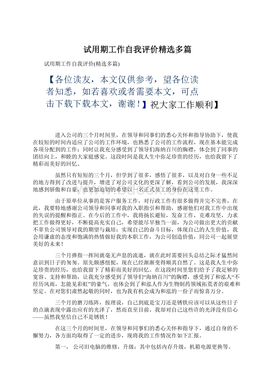 试用期工作自我评价精选多篇.docx_第1页