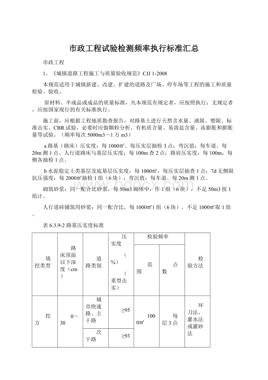 市政工程试验检测频率执行标准汇总文档格式.docx