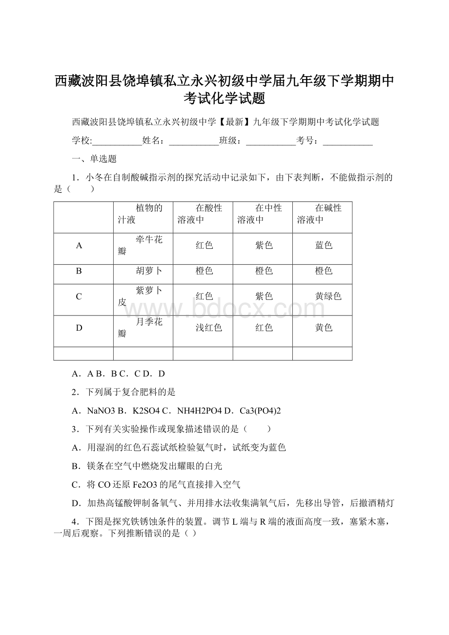 西藏波阳县饶埠镇私立永兴初级中学届九年级下学期期中考试化学试题.docx