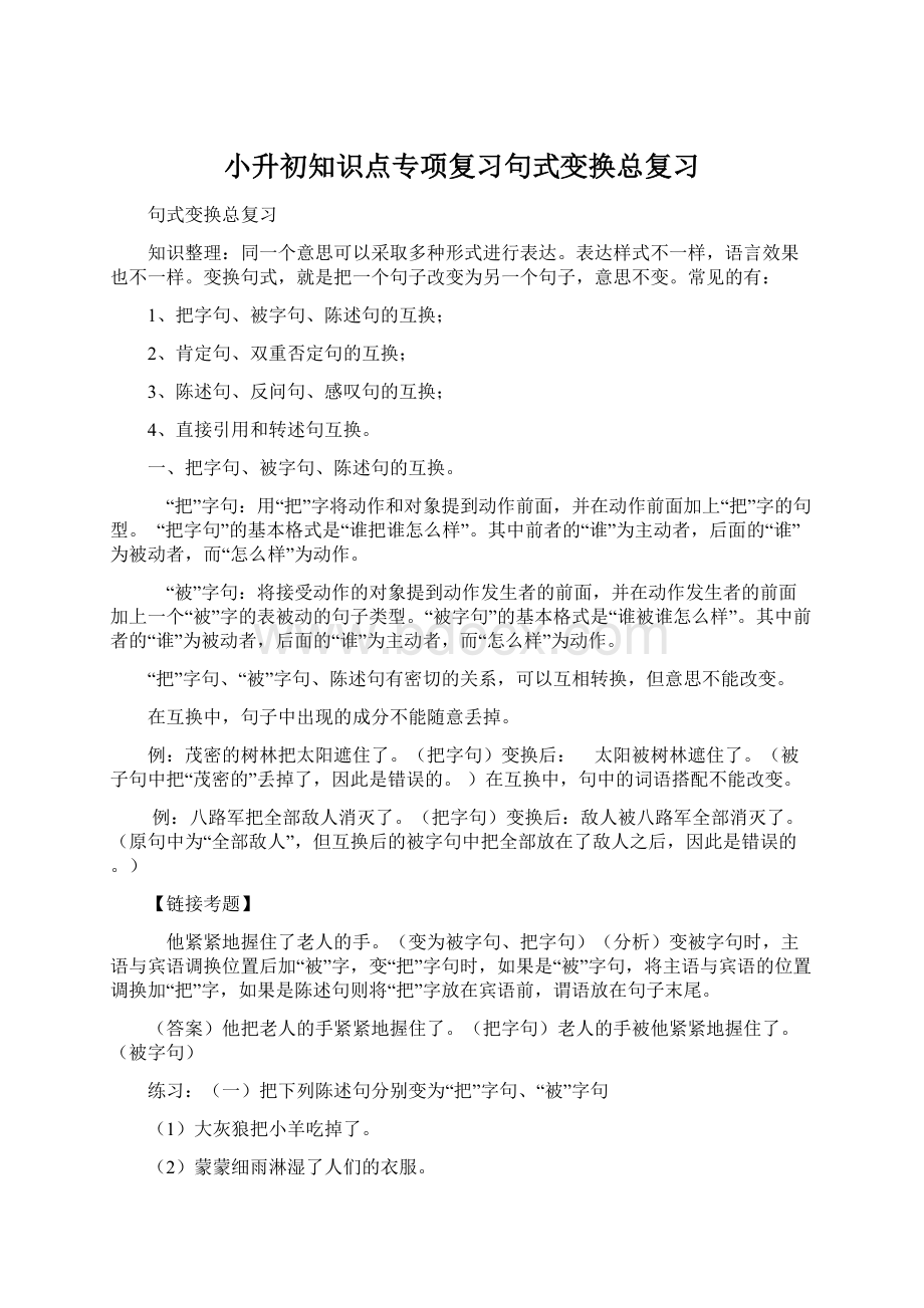 小升初知识点专项复习句式变换总复习.docx_第1页