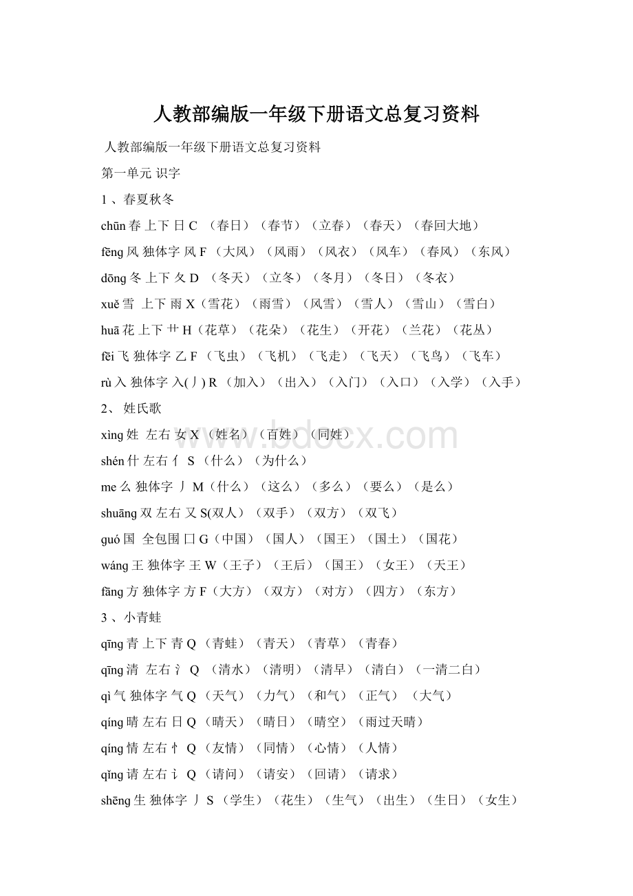 人教部编版一年级下册语文总复习资料.docx_第1页