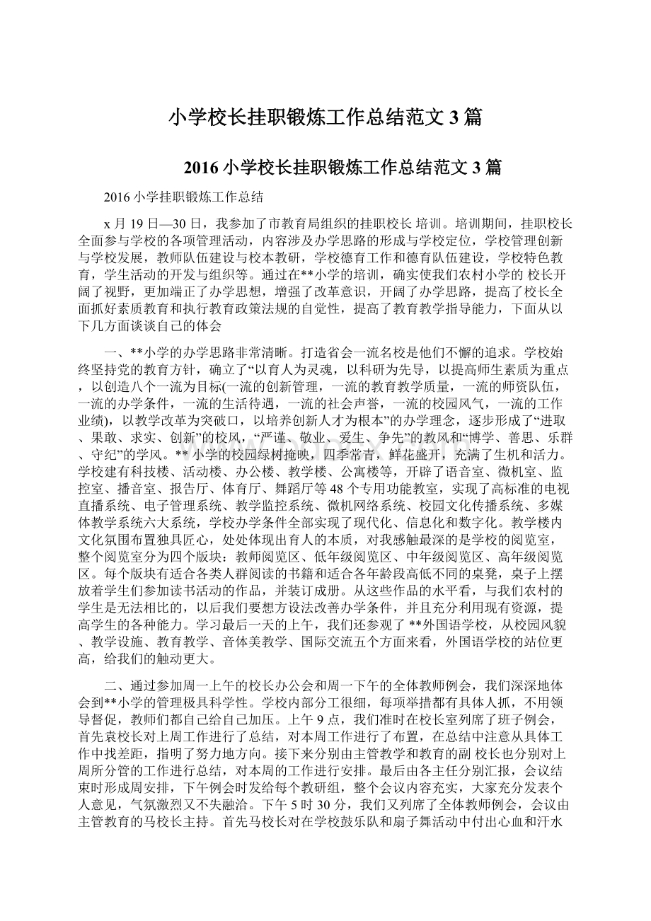 小学校长挂职锻炼工作总结范文3篇文档格式.docx