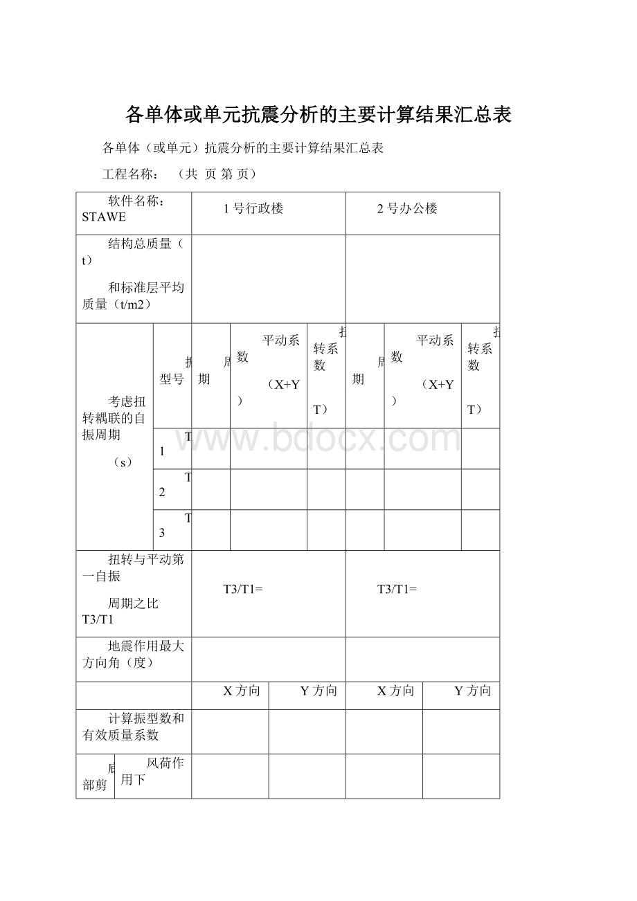 各单体或单元抗震分析的主要计算结果汇总表.docx