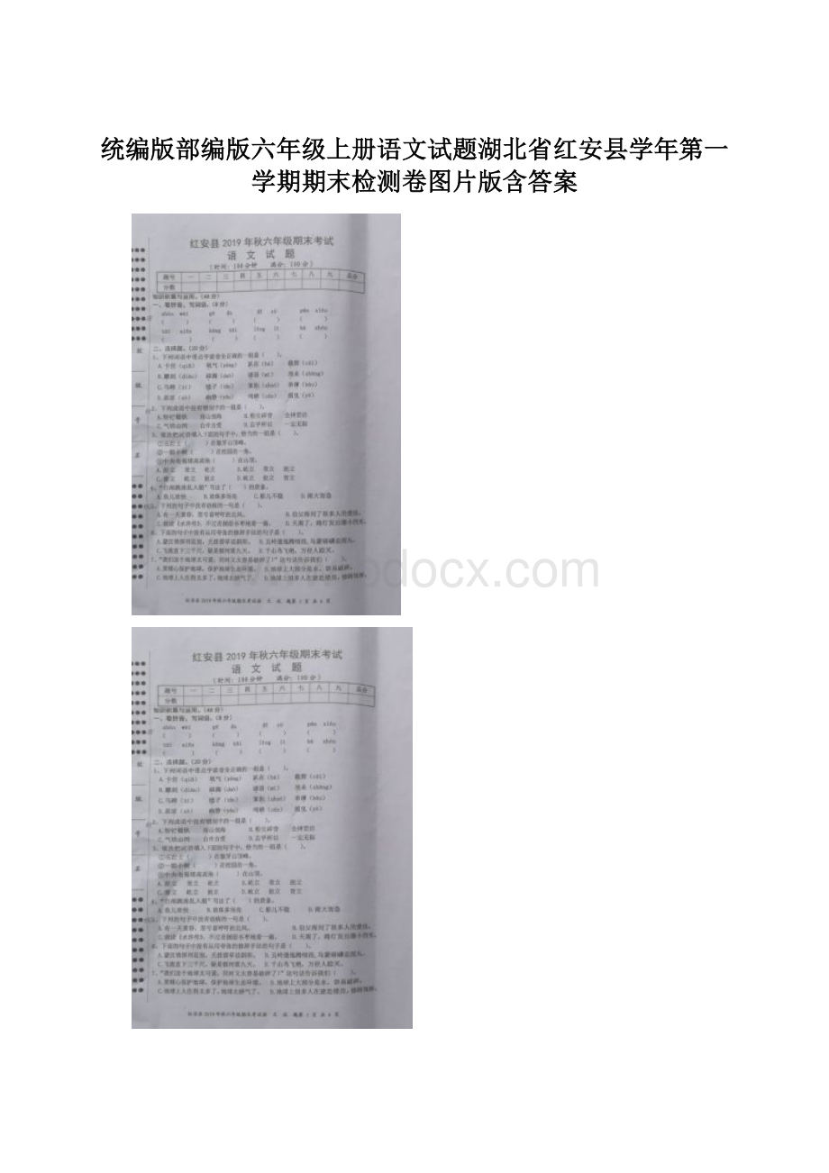 统编版部编版六年级上册语文试题湖北省红安县学年第一学期期末检测卷图片版含答案文档格式.docx