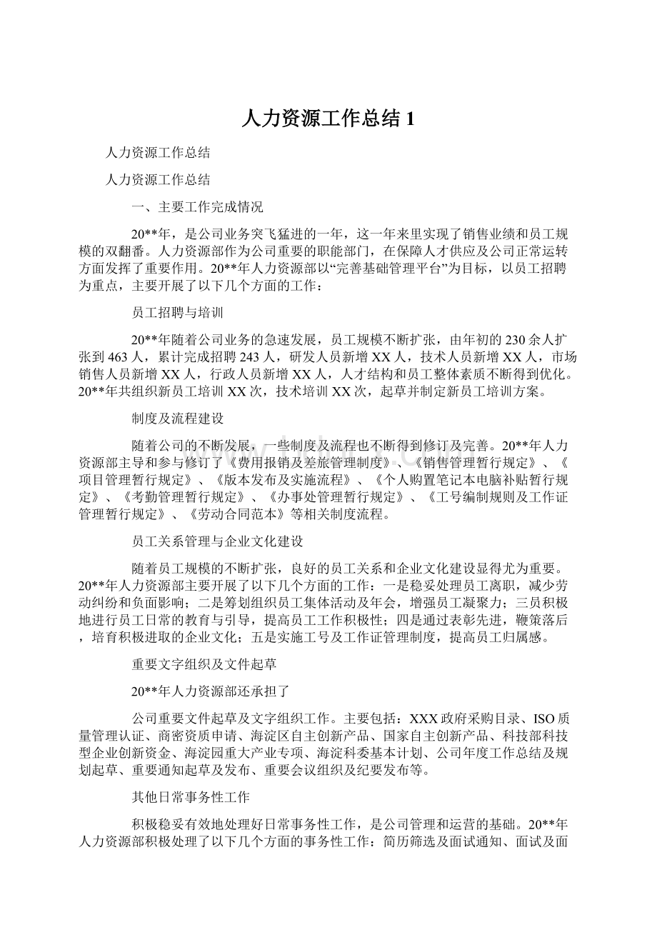 人力资源工作总结1Word格式文档下载.docx_第1页