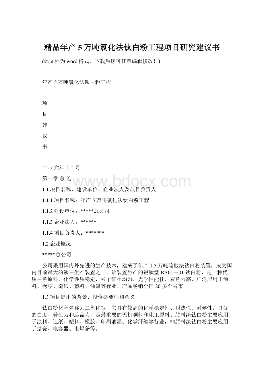 精品年产5万吨氯化法钛白粉工程项目研究建议书Word格式.docx