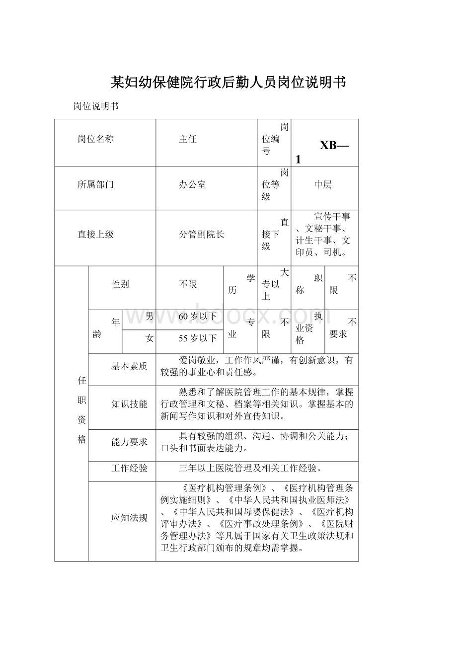 某妇幼保健院行政后勤人员岗位说明书Word格式.docx_第1页