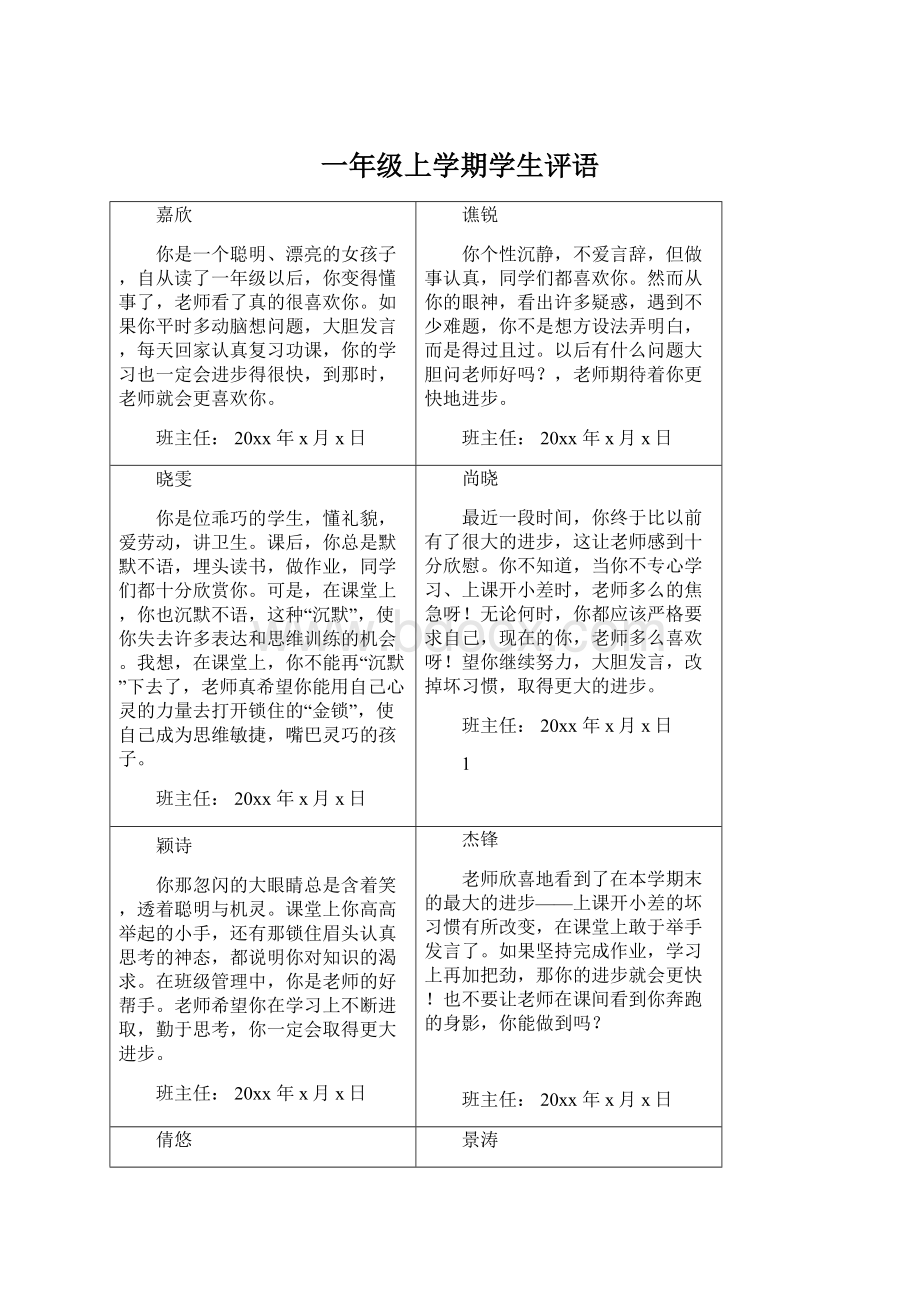 一年级上学期学生评语Word文档下载推荐.docx