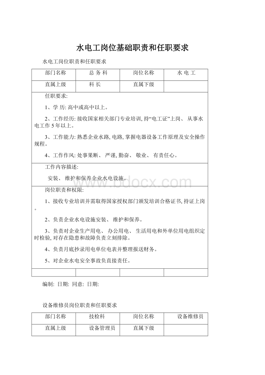 水电工岗位基础职责和任职要求Word文档下载推荐.docx