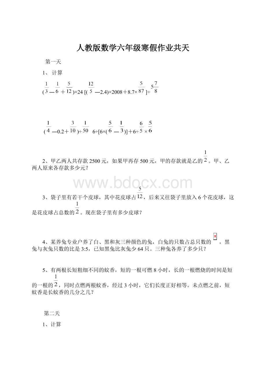 人教版数学六年级寒假作业共天Word文档格式.docx_第1页