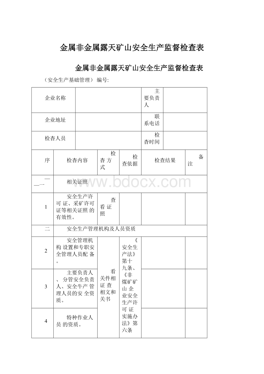 金属非金属露天矿山安全生产监督检查表Word格式文档下载.docx_第1页