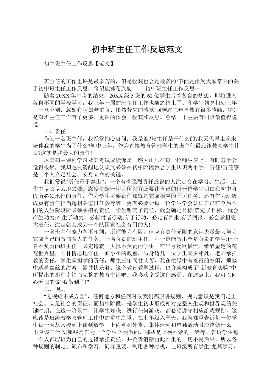 初中班主任工作反思范文.docx