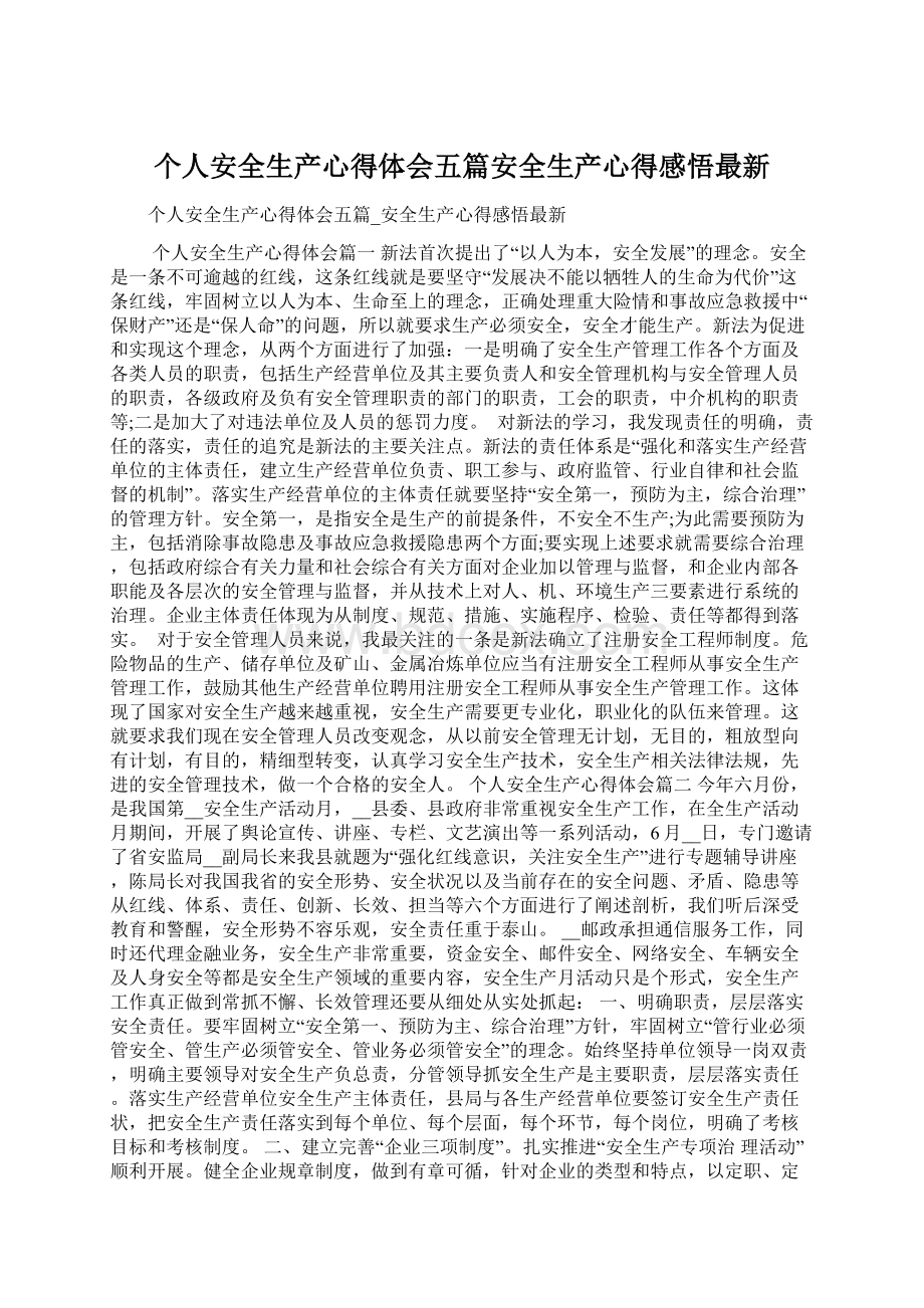 个人安全生产心得体会五篇安全生产心得感悟最新.docx_第1页