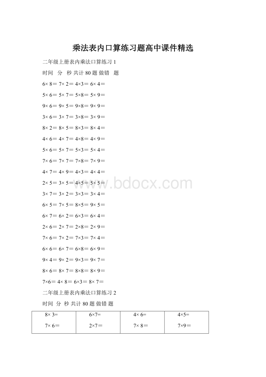 乘法表内口算练习题高中课件精选.docx