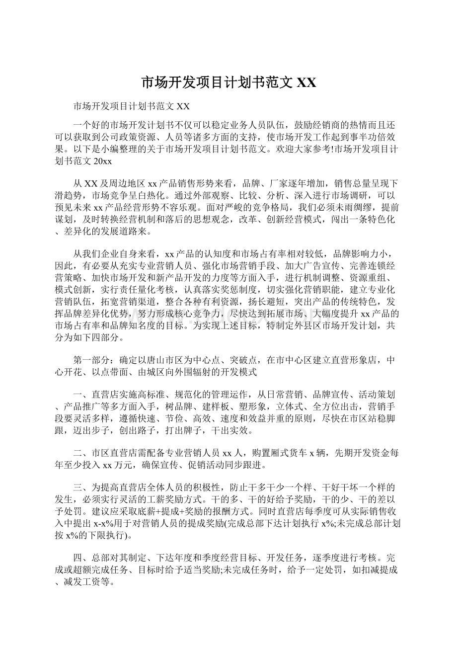 市场开发项目计划书范文XXWord格式.docx