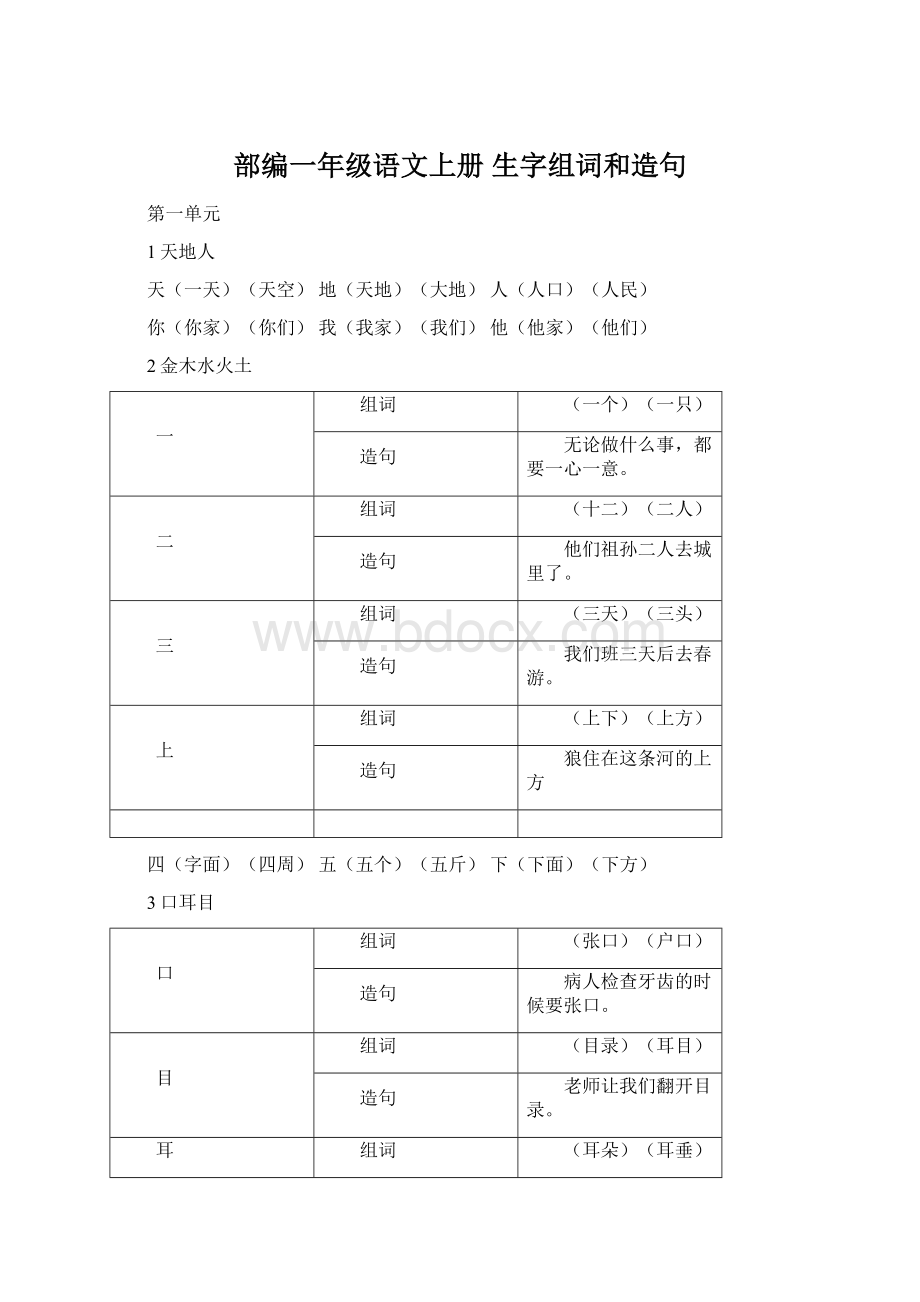 部编一年级语文上册 生字组词和造句Word格式文档下载.docx