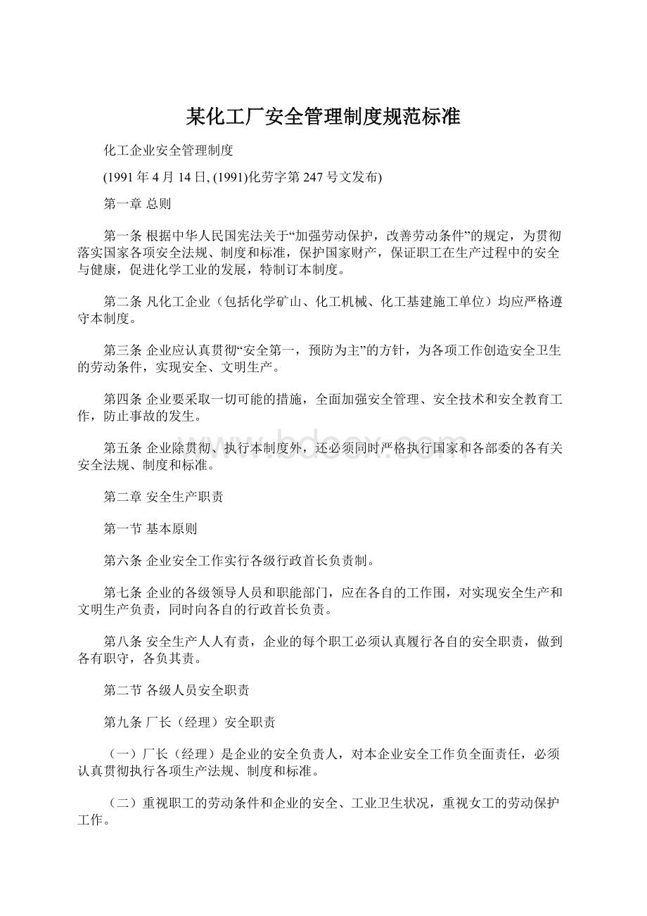 某化工厂安全管理制度规范标准文档格式.docx