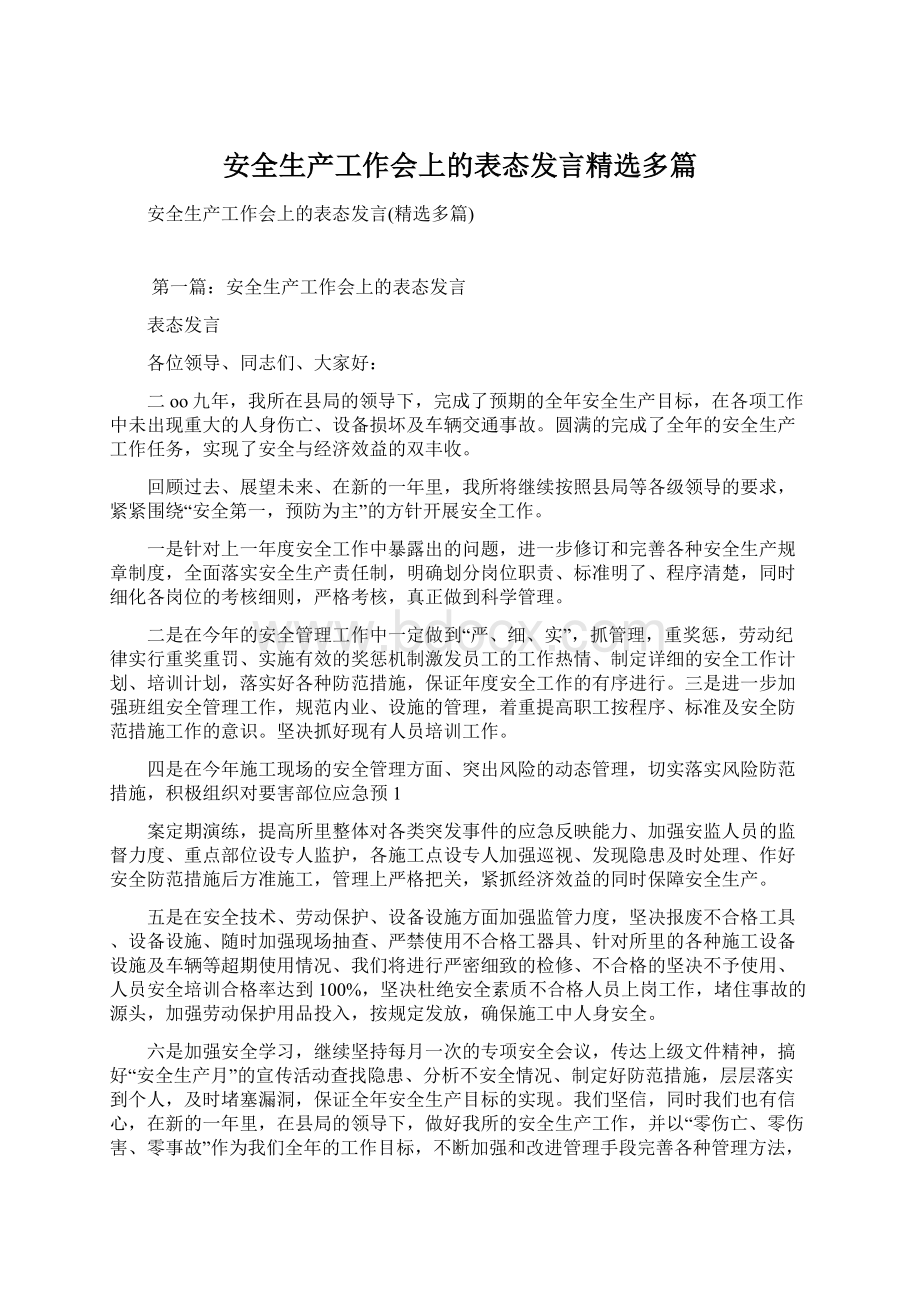 安全生产工作会上的表态发言精选多篇.docx_第1页