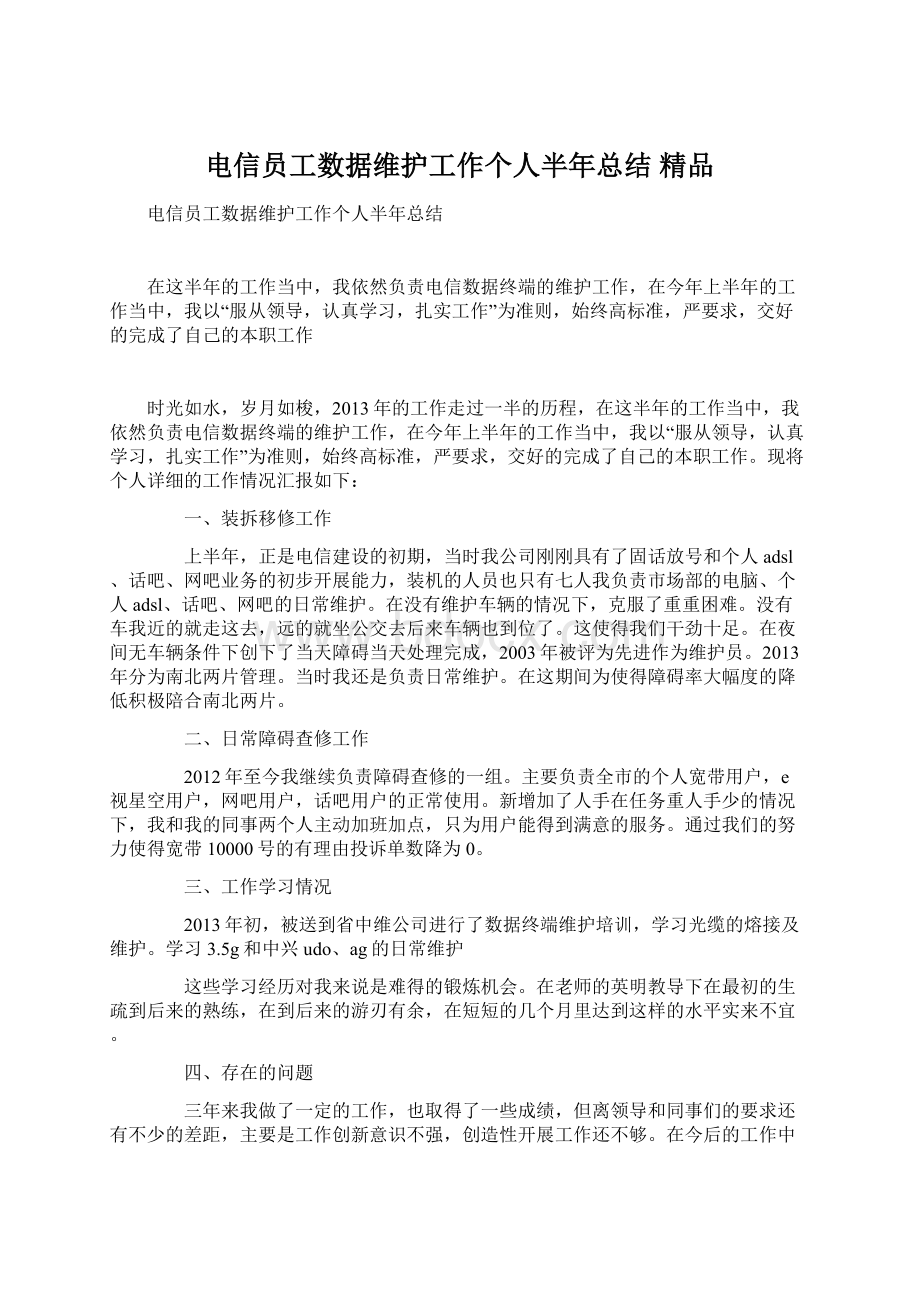 电信员工数据维护工作个人半年总结 精品Word格式文档下载.docx