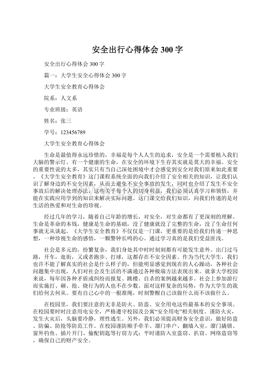 安全出行心得体会300字Word文档下载推荐.docx