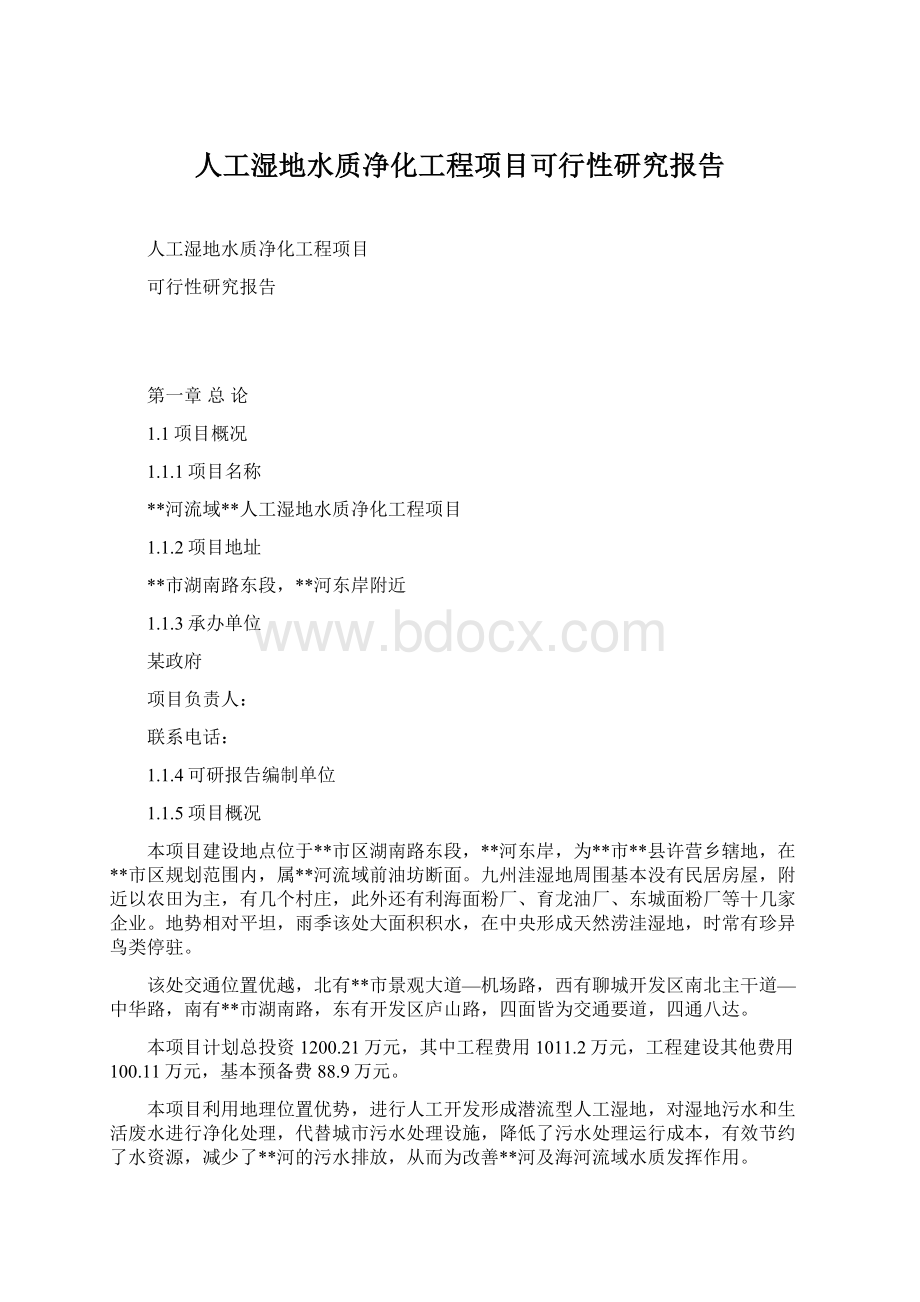 人工湿地水质净化工程项目可行性研究报告Word下载.docx