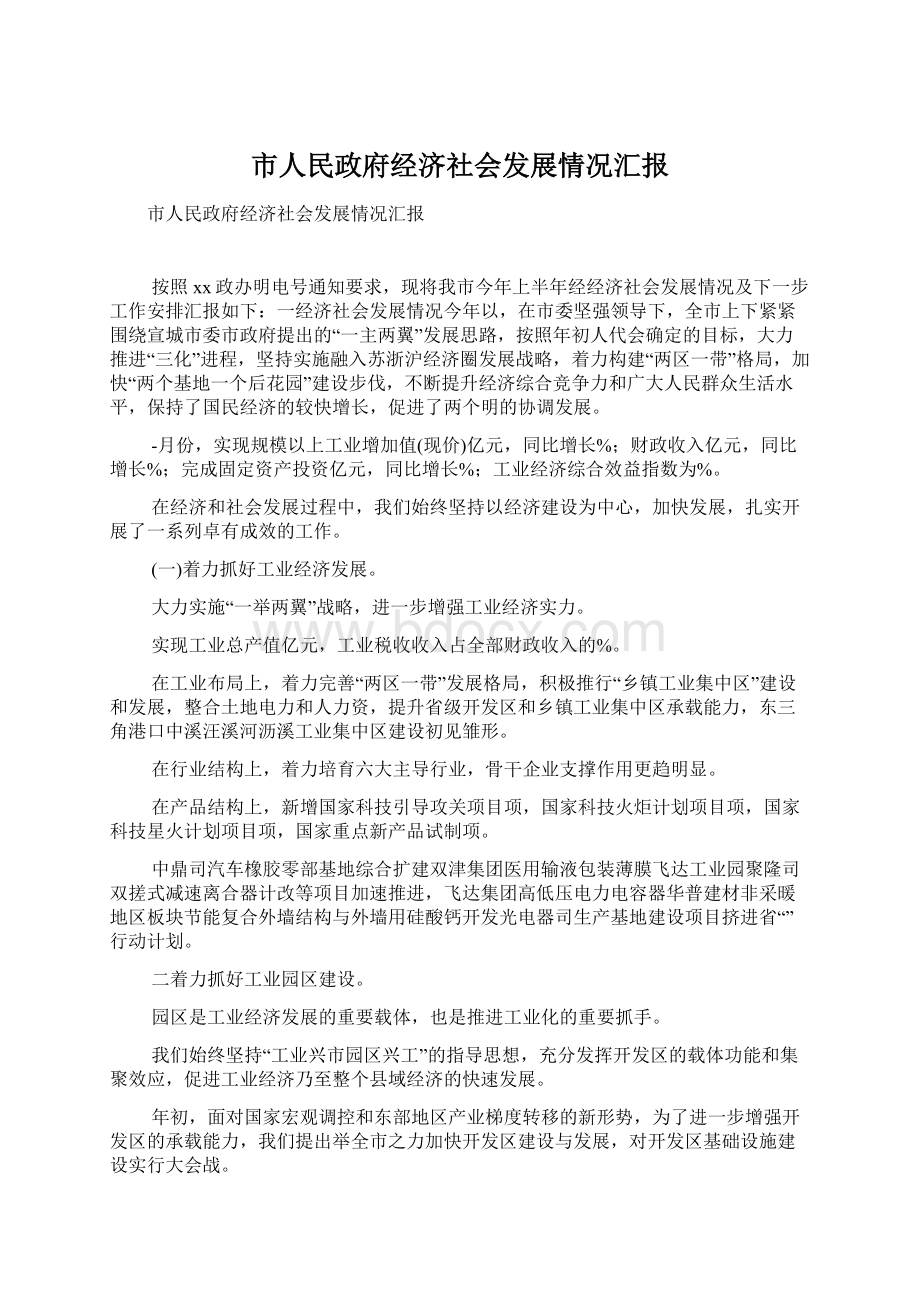 市人民政府经济社会发展情况汇报.docx