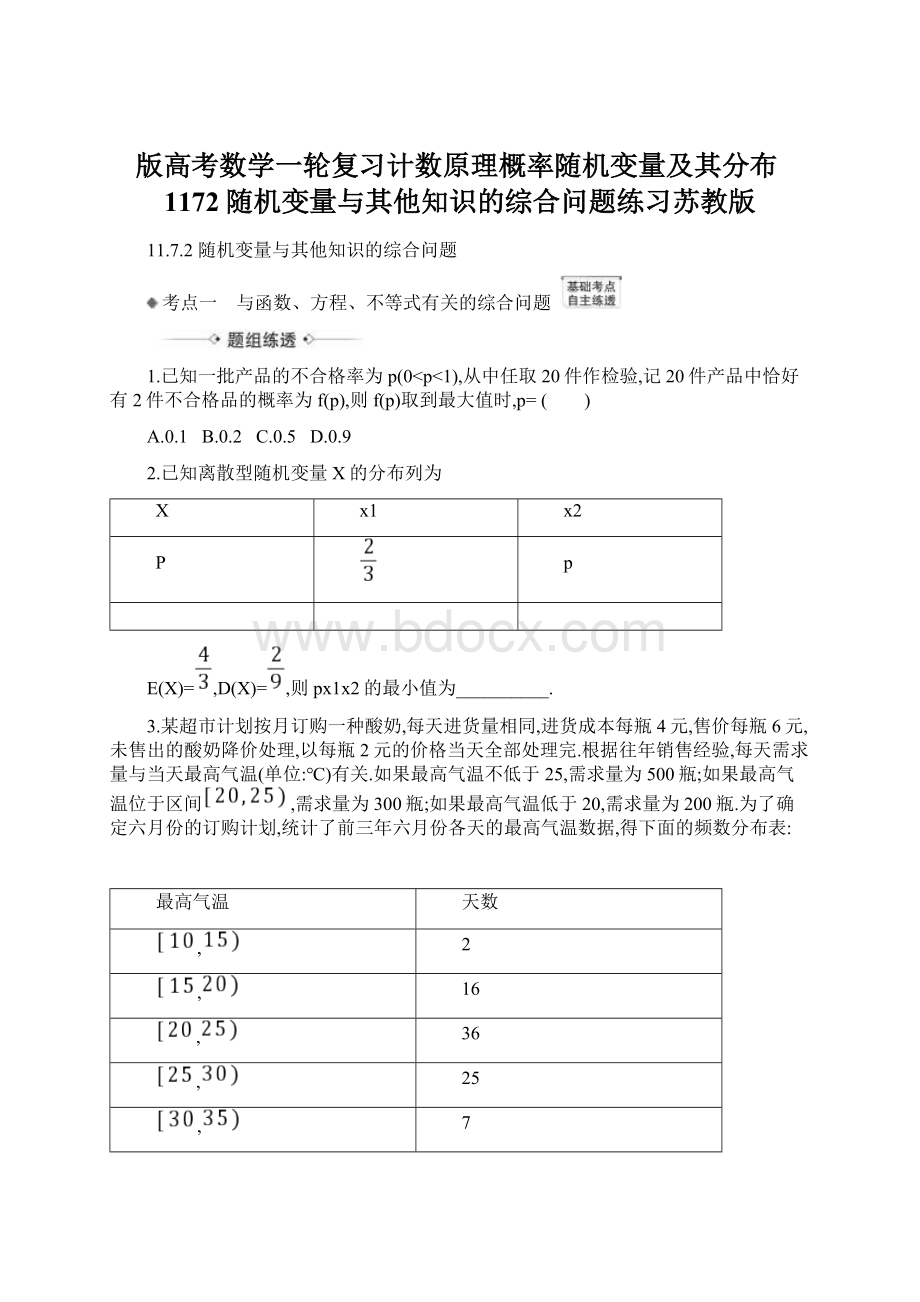 版高考数学一轮复习计数原理概率随机变量及其分布1172随机变量与其他知识的综合问题练习苏教版Word文档下载推荐.docx