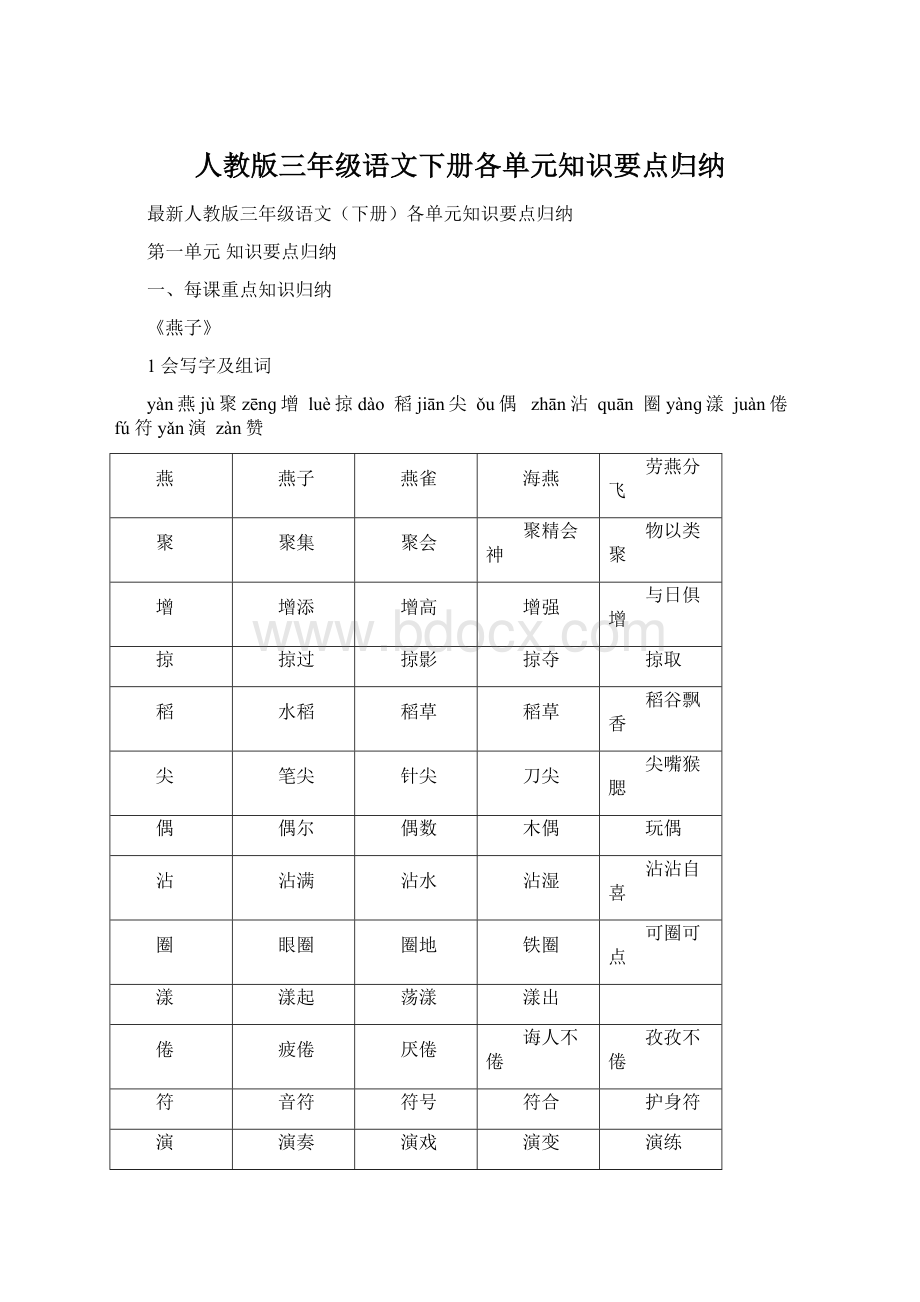 人教版三年级语文下册各单元知识要点归纳Word格式文档下载.docx_第1页