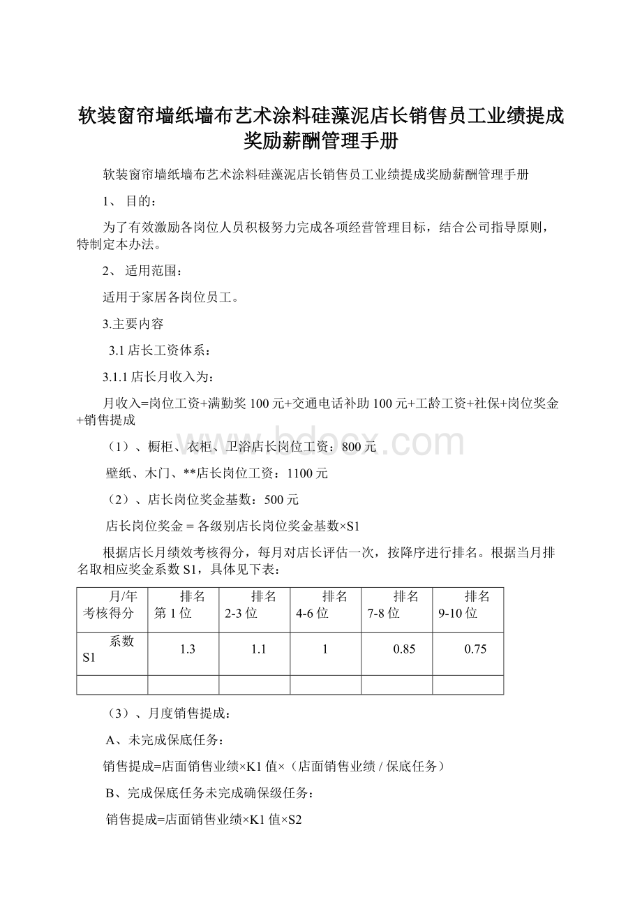 软装窗帘墙纸墙布艺术涂料硅藻泥店长销售员工业绩提成奖励薪酬管理手册Word格式文档下载.docx_第1页