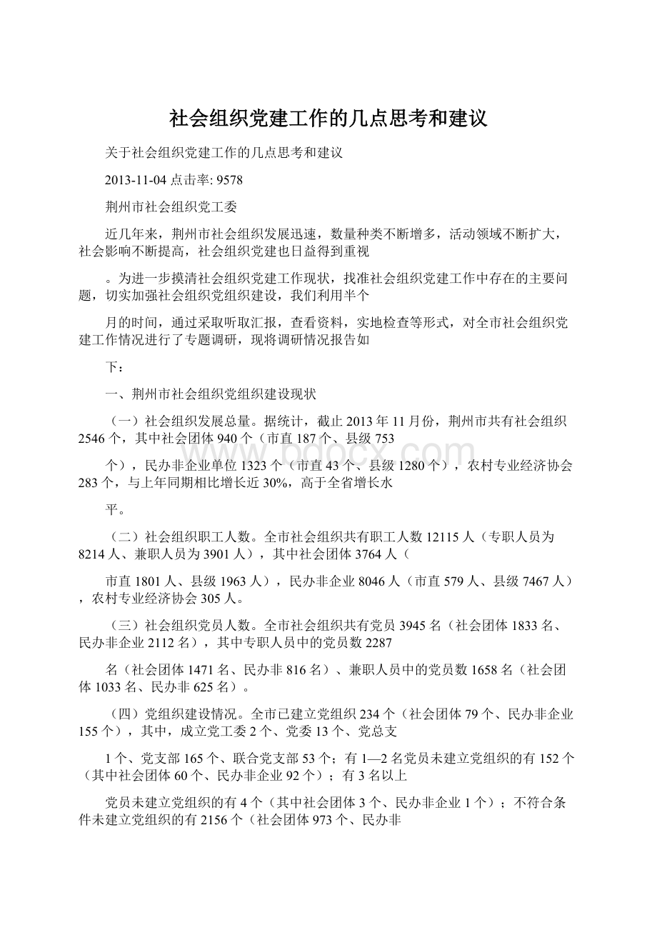 社会组织党建工作的几点思考和建议文档格式.docx_第1页