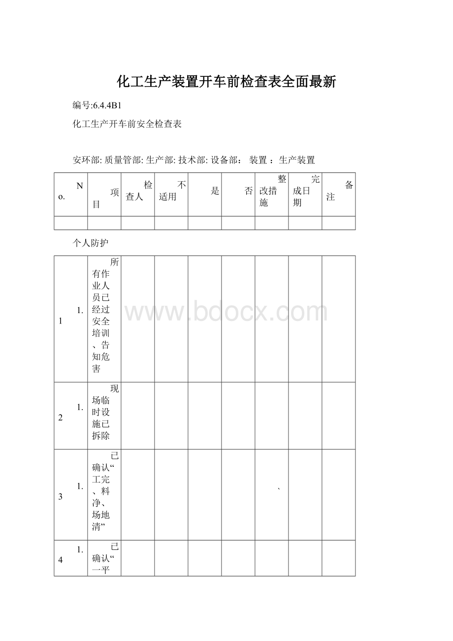 化工生产装置开车前检查表全面最新.docx