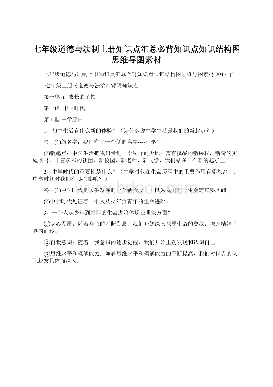 七年级道德与法制上册知识点汇总必背知识点知识结构图思维导图素材.docx_第1页