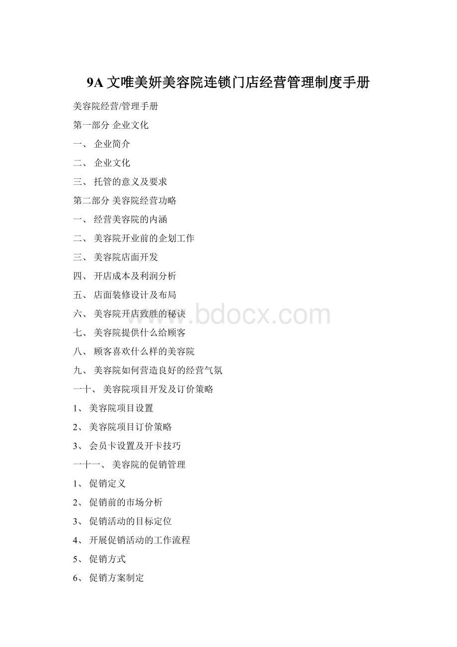 9A文唯美妍美容院连锁门店经营管理制度手册Word下载.docx