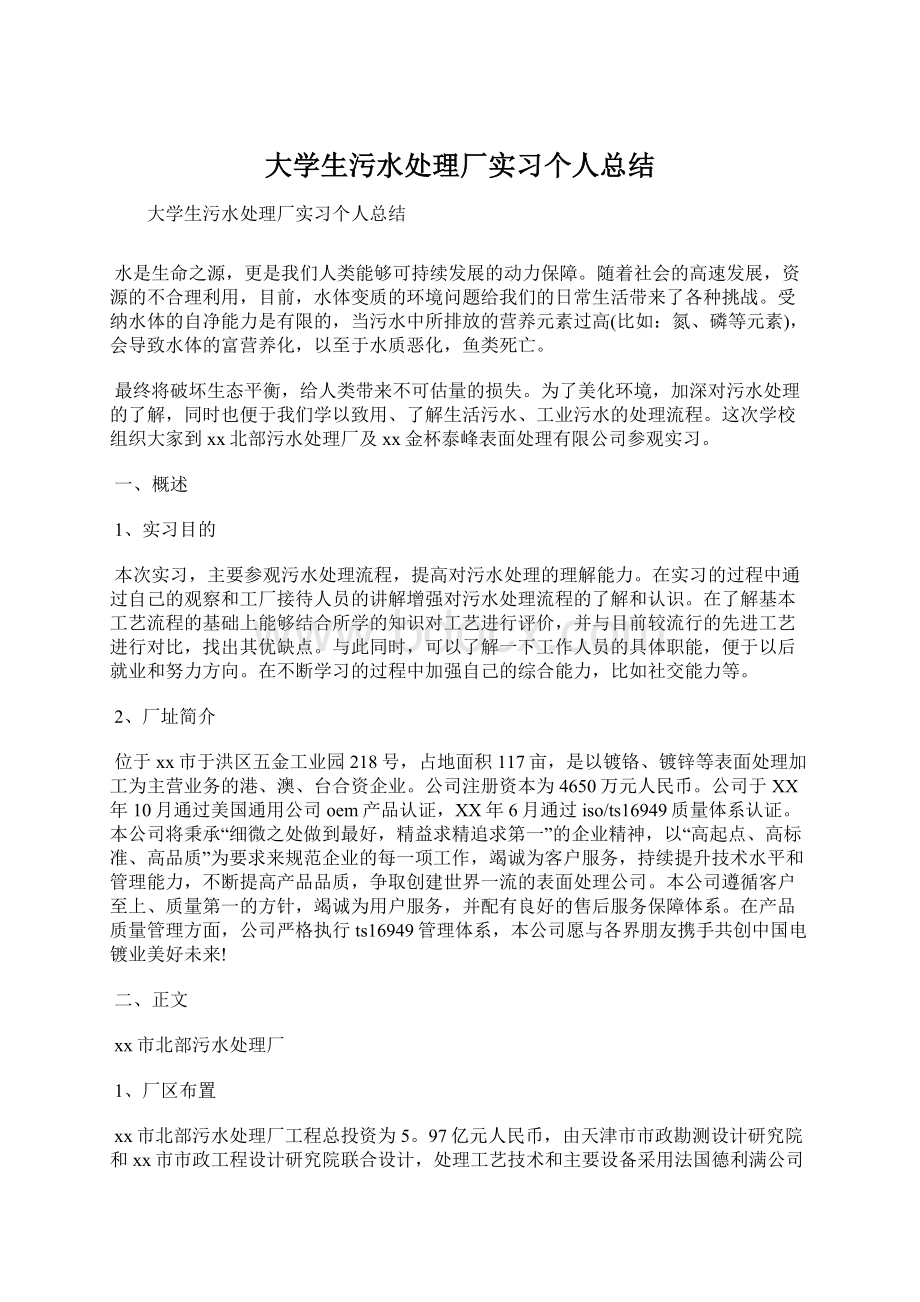 大学生污水处理厂实习个人总结.docx