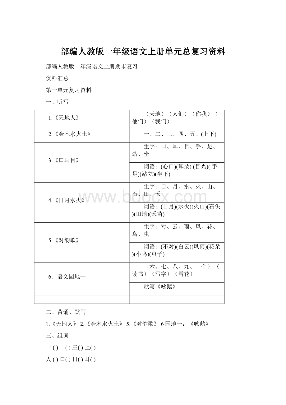 部编人教版一年级语文上册单元总复习资料.docx_第1页