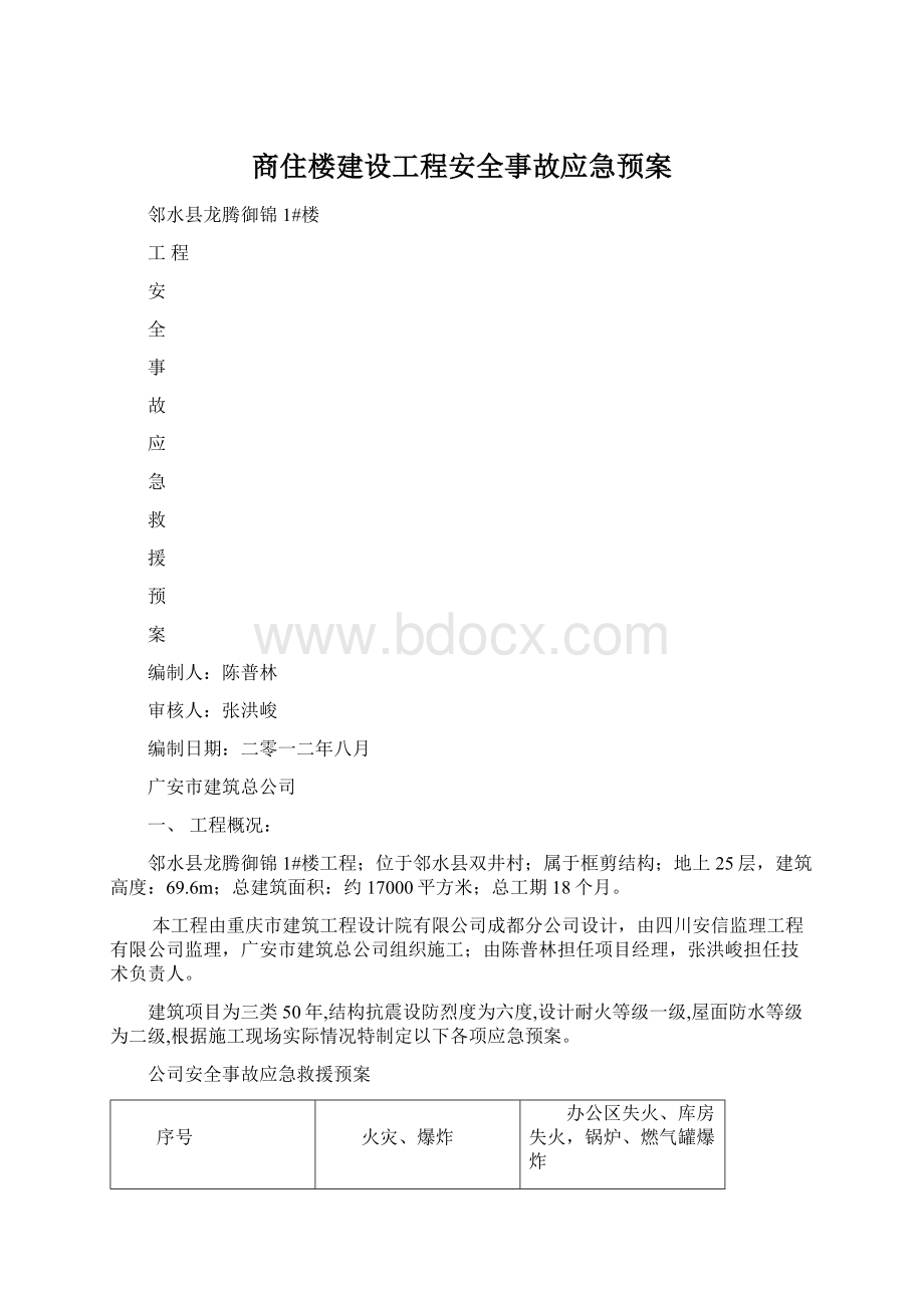 商住楼建设工程安全事故应急预案.docx_第1页